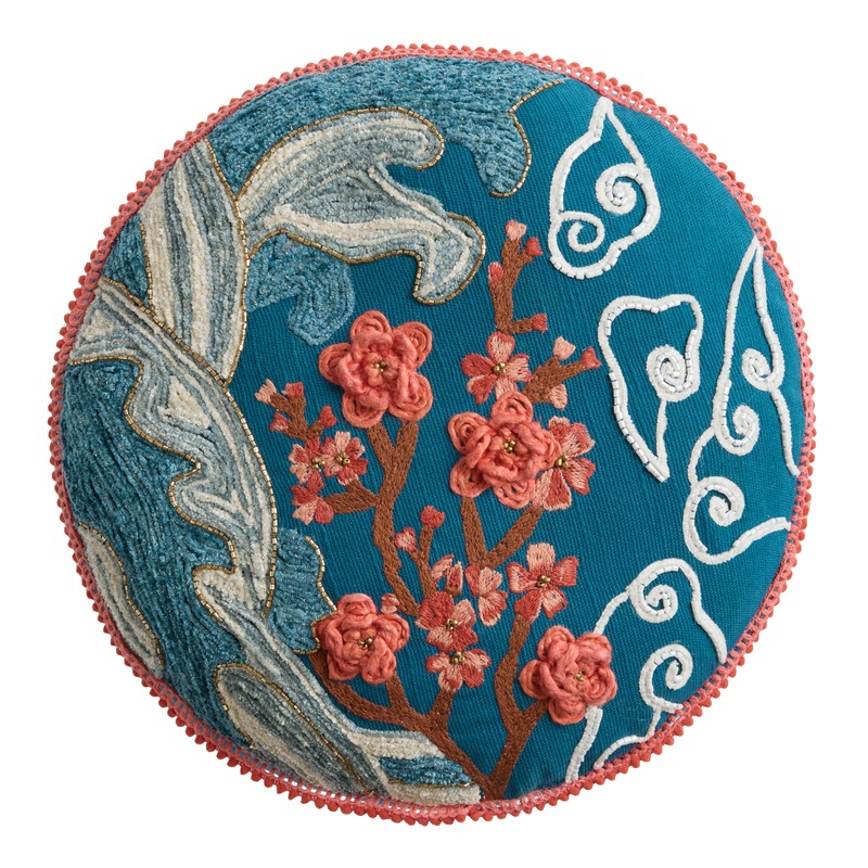 Round Blue and Coral Cherry Blossom Embroidered Throw Pillow