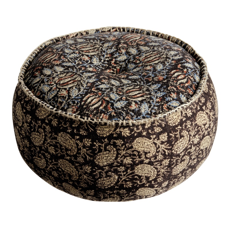 Round Blue Jaipur Block Print Pouf