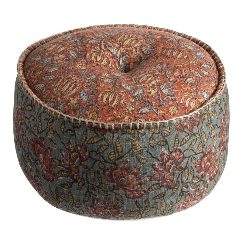 Round Coral And Blue Jaipur Block Print Pouf