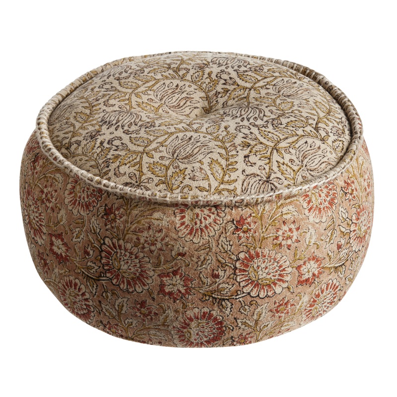 Round Gold And Taupe Jaipur Block Print Pouf