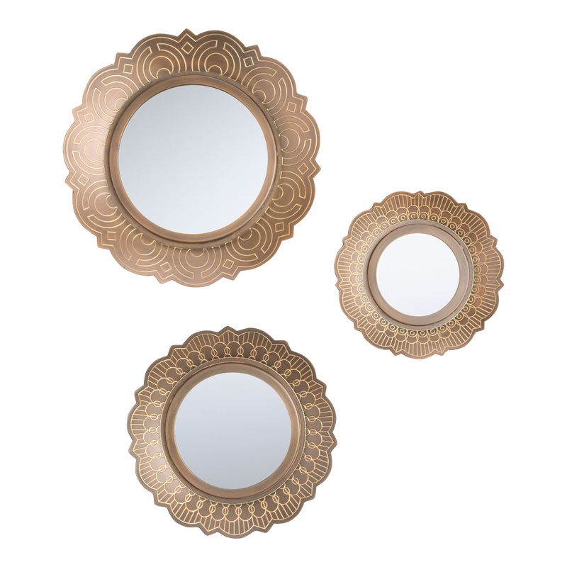 Blackened Bronze Iron Etched Mandala Wall Mirrors 3 Piece