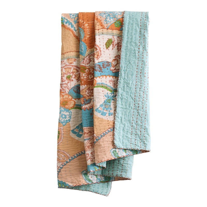 Floral Print Kantha Stitch Reversible Throw Blanket