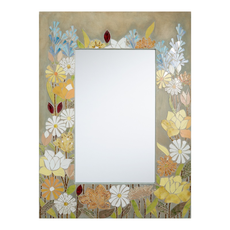 Light Blue Wood and Glass Floral Mosaic Wall Mirror