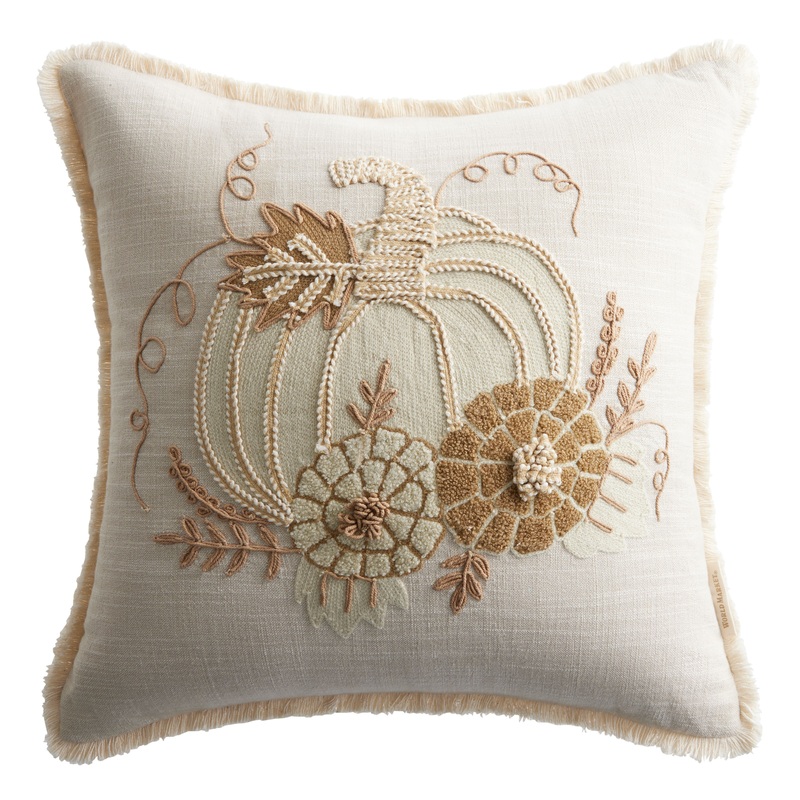Natural and Ivory Embroidered Pumpkin Throw Pillow