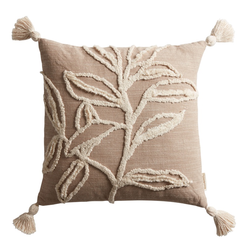 Natural Embroidered Leaf Throw Pillow