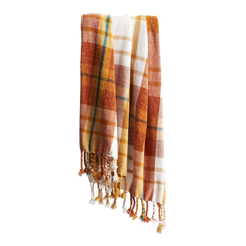 Orange Chenille Plaid Throw Blanket
