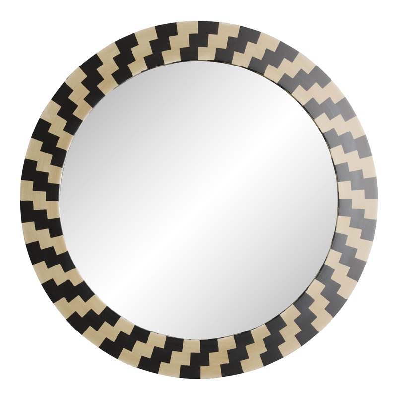 Round Black and Beige Mango Wood Checker Wall Mirror