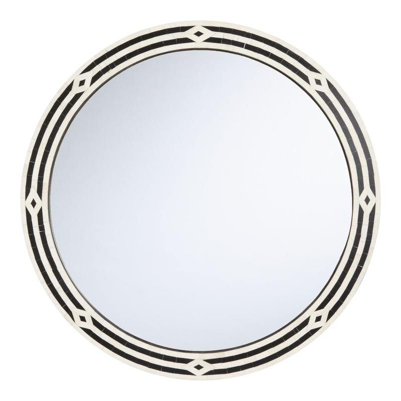 Round Black and White Resin and Bone Inlay Wall Mirror