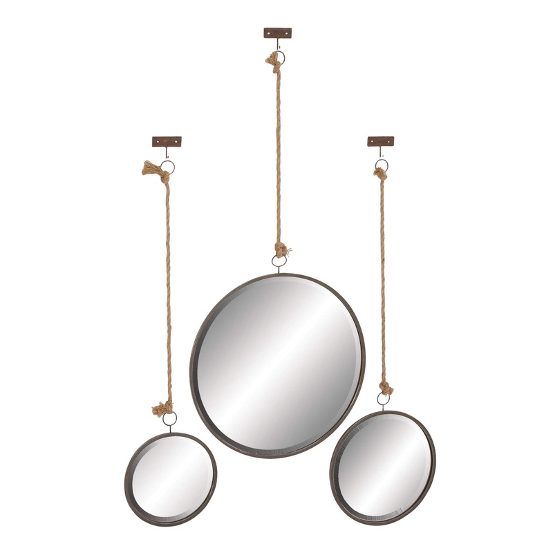Round Metal Wall Mirrors With Jute Hangers 3 Piece