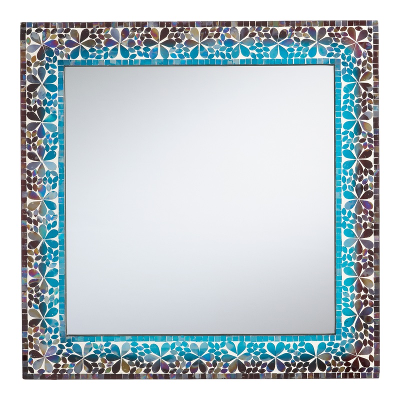 Square Blue and Purple Iridescent Floral Mosaic Wall Mirror