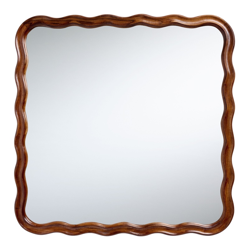 Square Walnut Acacia Wood Scalloped Wall Mirror