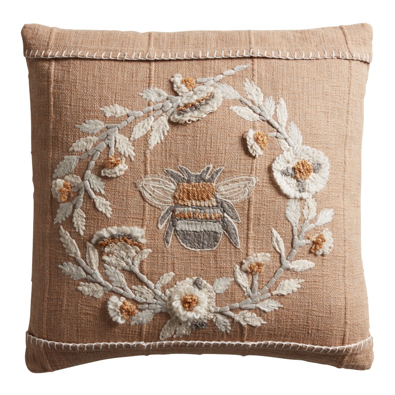 Taupe Embroidered Bee Throw Pillow