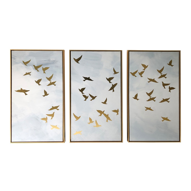 Golden Birds Triptych Framed Canvas Wall Art 3 Piece
