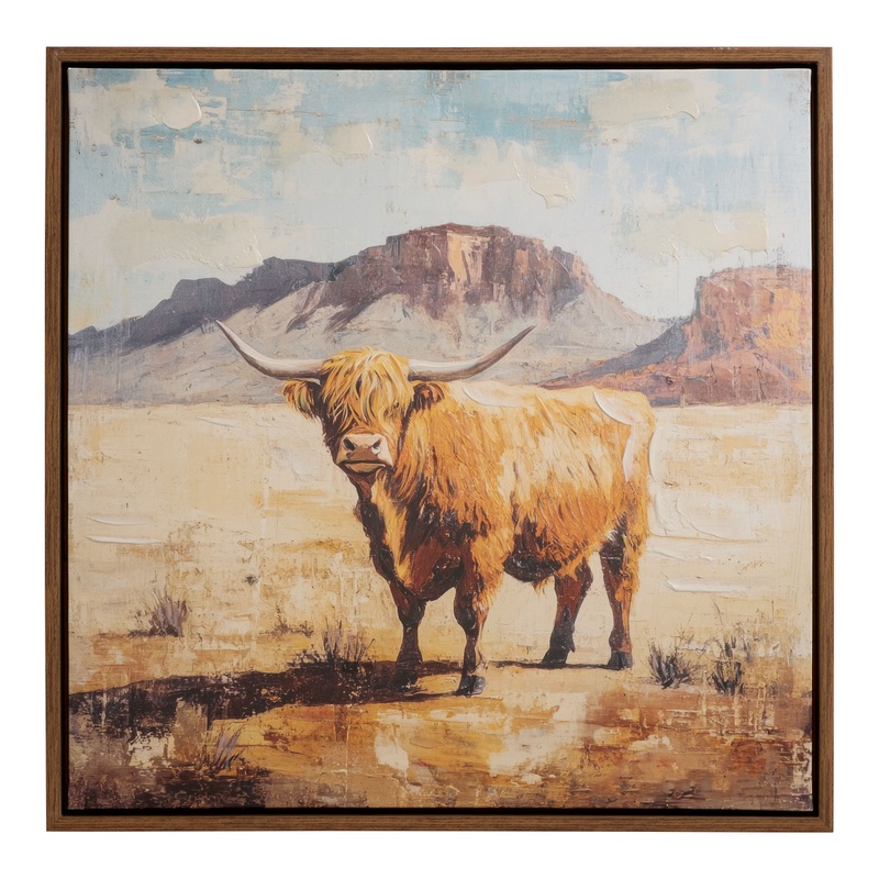 Highland Cow in Desert Landscape Framed Canvas Wall Art