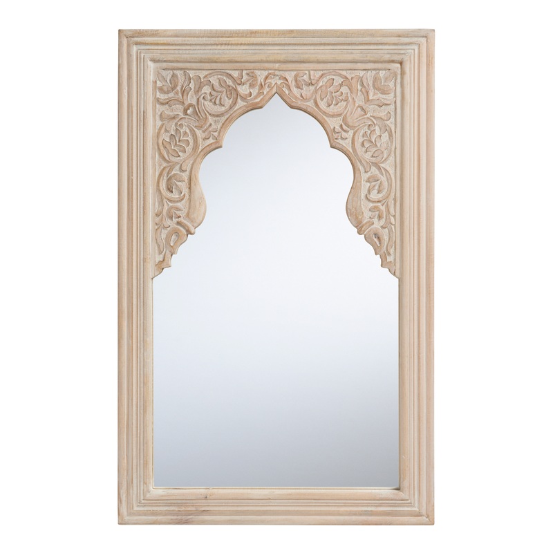 Mehrab Whitewash Floral Carved Wood Wall Mirror