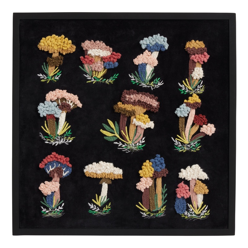 Mushroom Embroidered and Tufted Textile Framed Wall Art