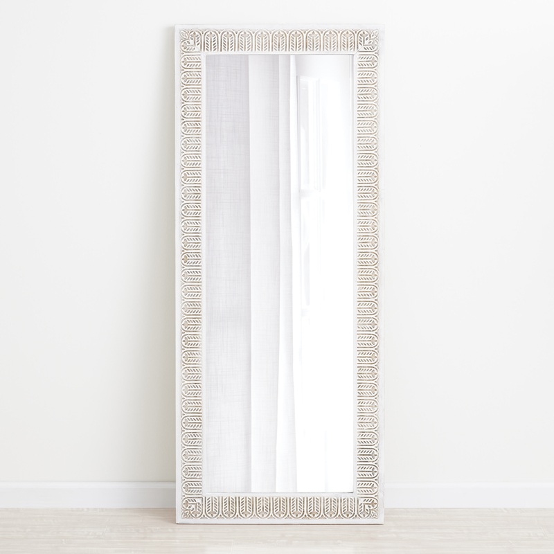 Natural And White Carved Wood Leaning Full Length Mirror