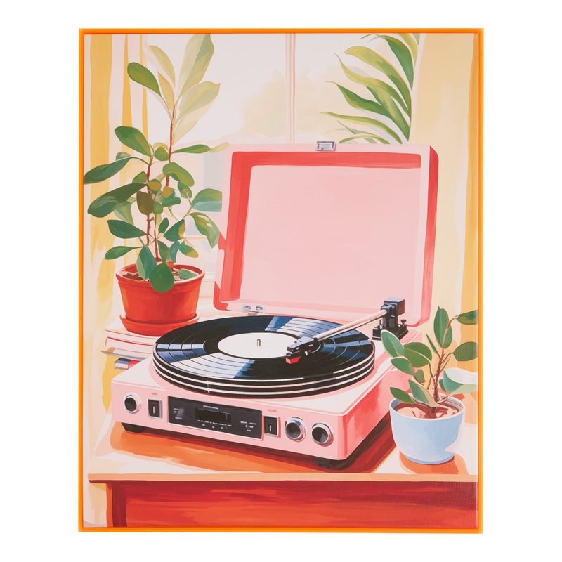 Neon Pink Record Player Framed Canvas Wall Art