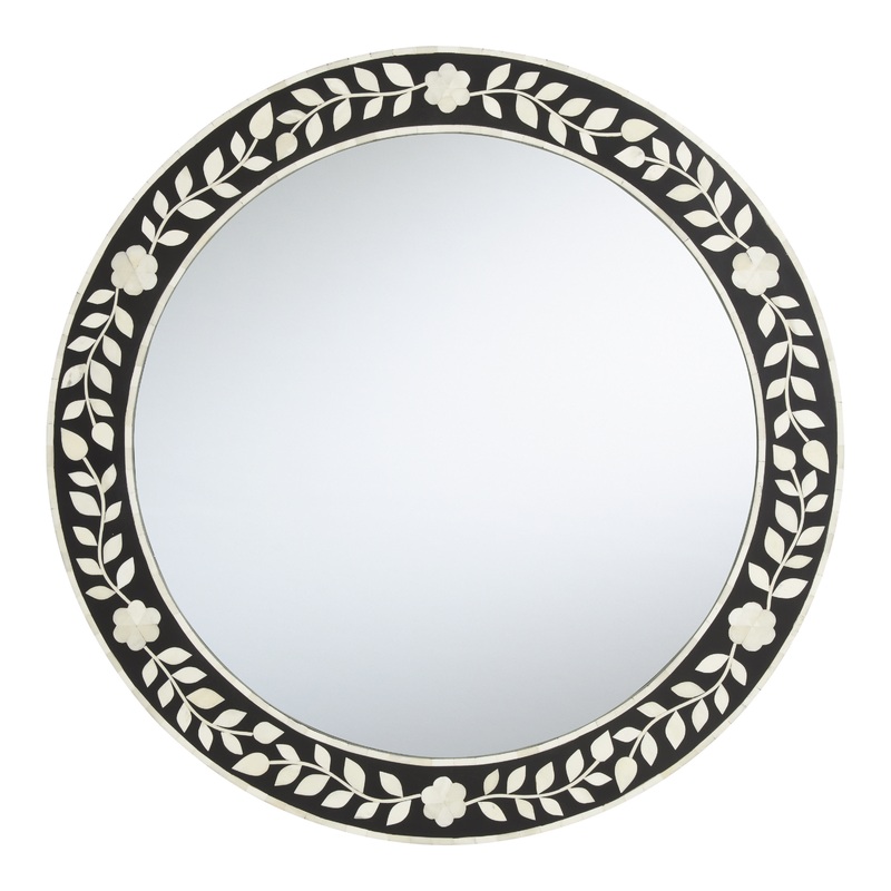 Round Black And White Resin Floral Inlay Wall Mirror