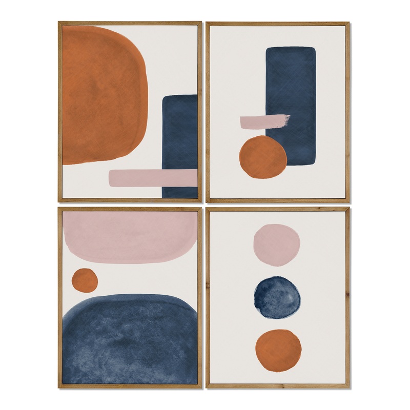 Burnt Orange And Blue Shapes Framed Canvas Wall Art 4 Piece