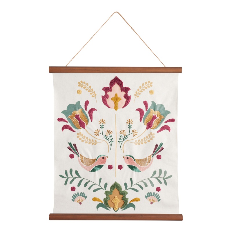 Embroidered Lovebird Folk Art Scroll Wall Hanging
