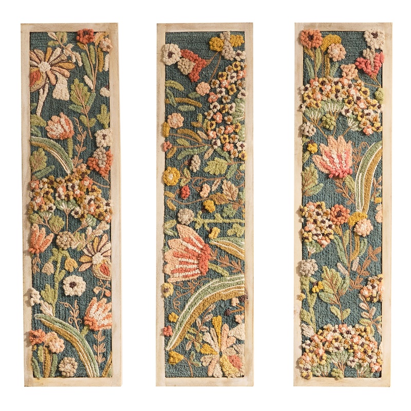 Floral Bloom Embroidered Cotton Framed Wall Art 3 Piece