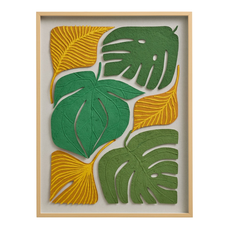 Green and Gold Rice Paper Palms Shadow Box Wall Art