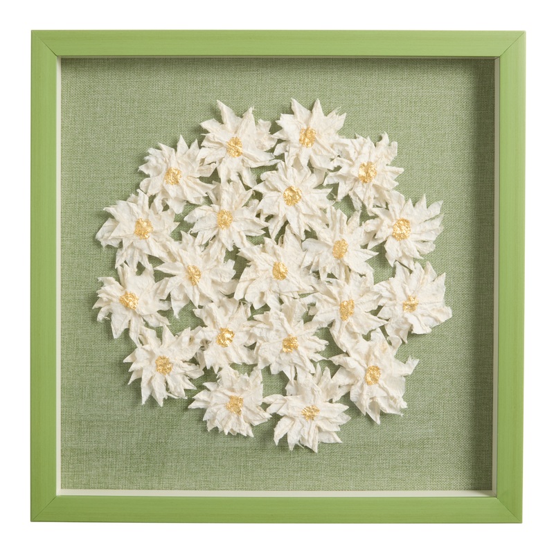 Green and White Rice Paper Floral Shadow Box Wall Art