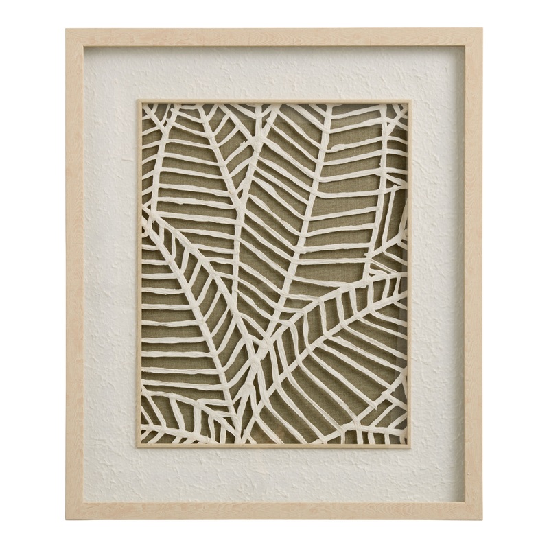 Ivory and Olive Green Rice Paper Leaves Shadow Box Wall Art