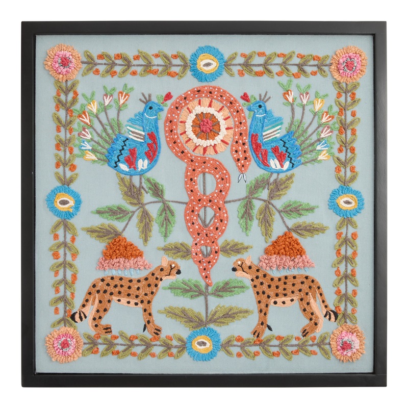 Peacock, Jaguar and Snake Embroidered Textile Framed Wall Art