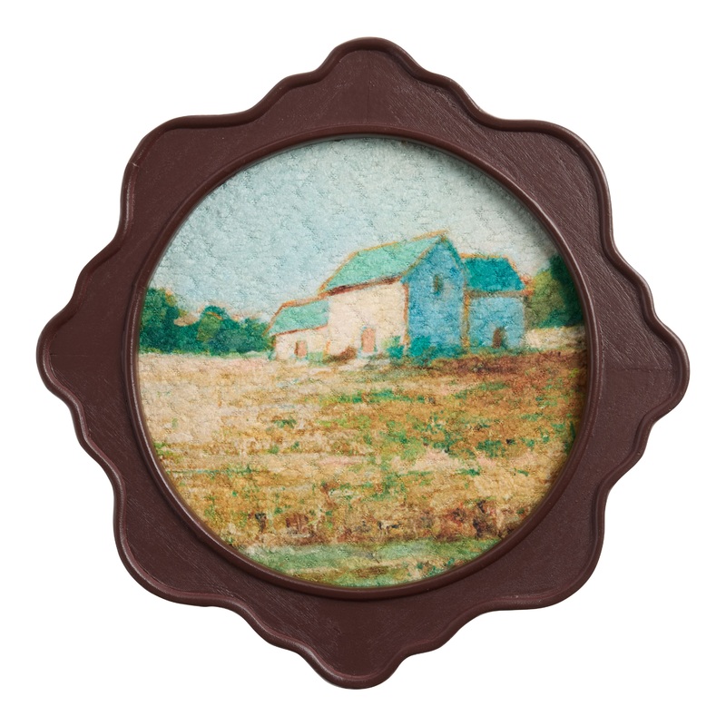 Round Vintage Landscape Tufted Textile Framed Wall Art