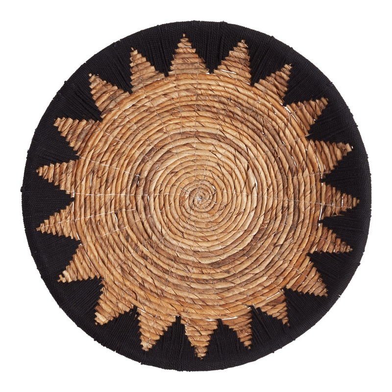 Black And Natural Banana Bark Sun Woven Disc Wall Decor