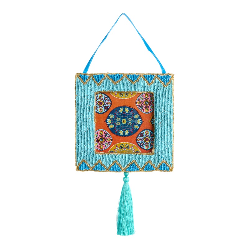 Blue and Gold Beaded Triangle Wall Frame with Tassel