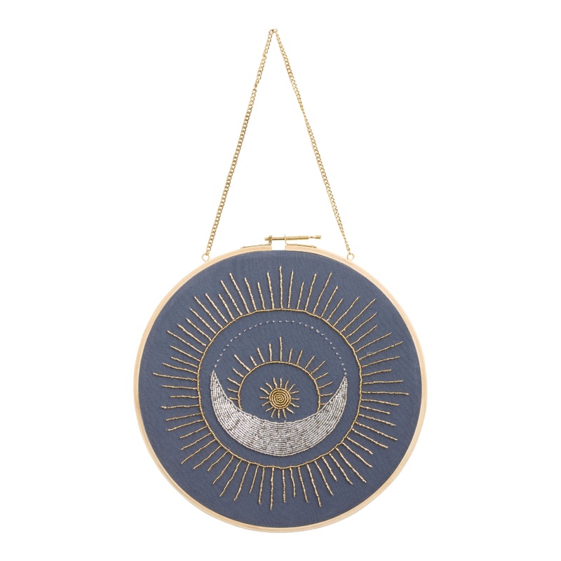 Blue Moon And Sun Embroidered Beaded Disc Wall Decor