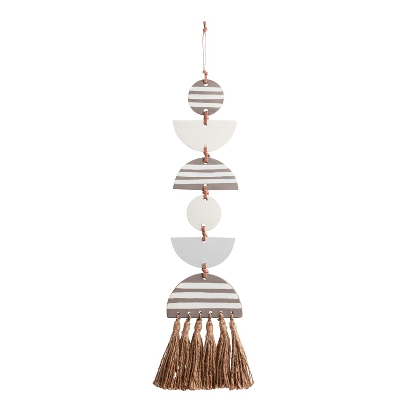 Cream And Gray Terracotta and Leather Geo Hanging Decor