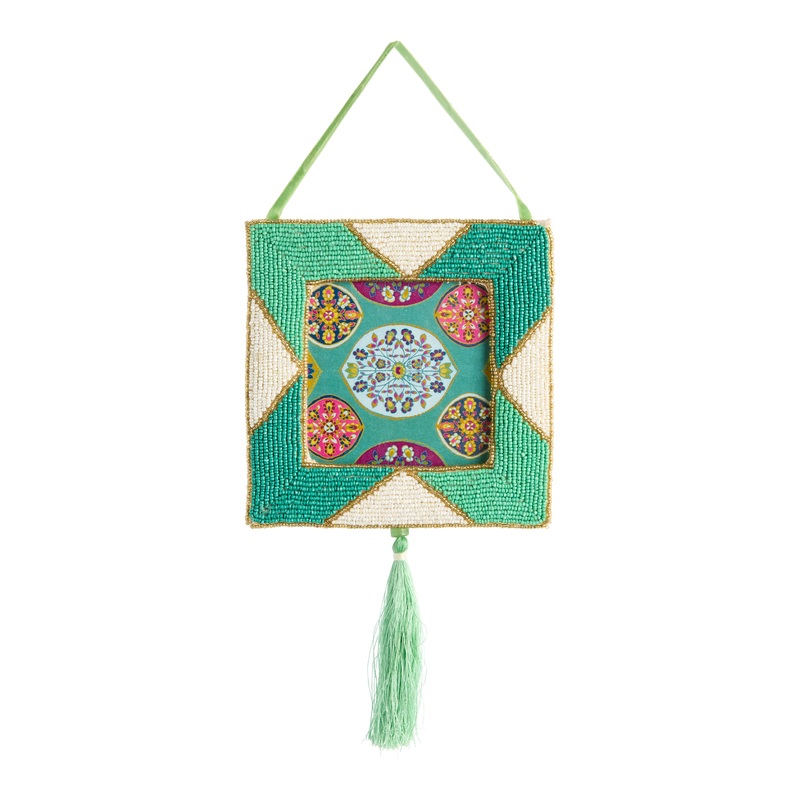 Green and White Beaded Chevron Wall Picture Frame with Tassel
