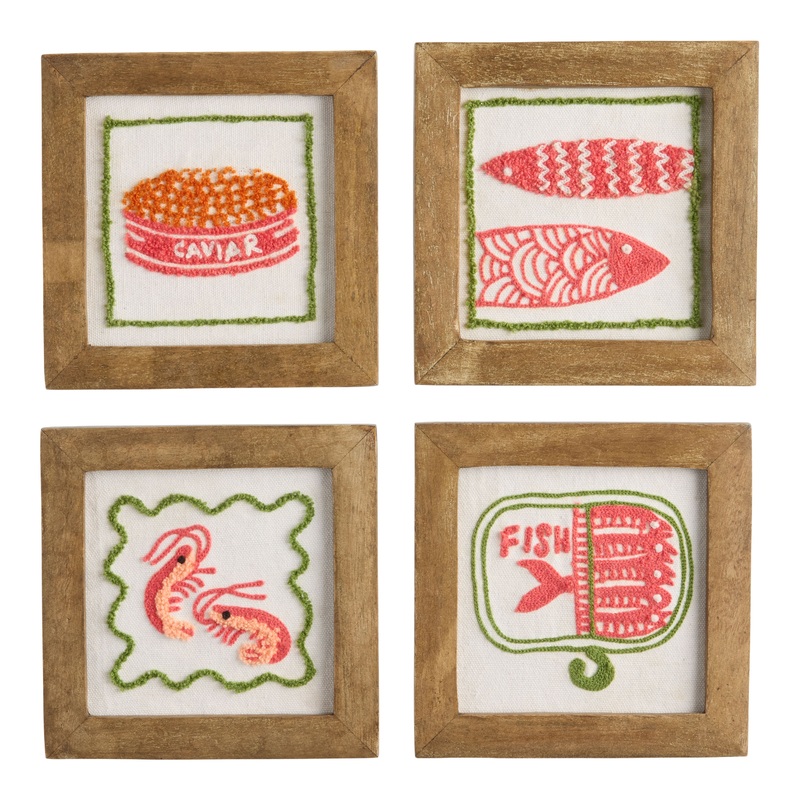 Mini Red and White Seafood Textile Framed Wall Decor 4 Piece