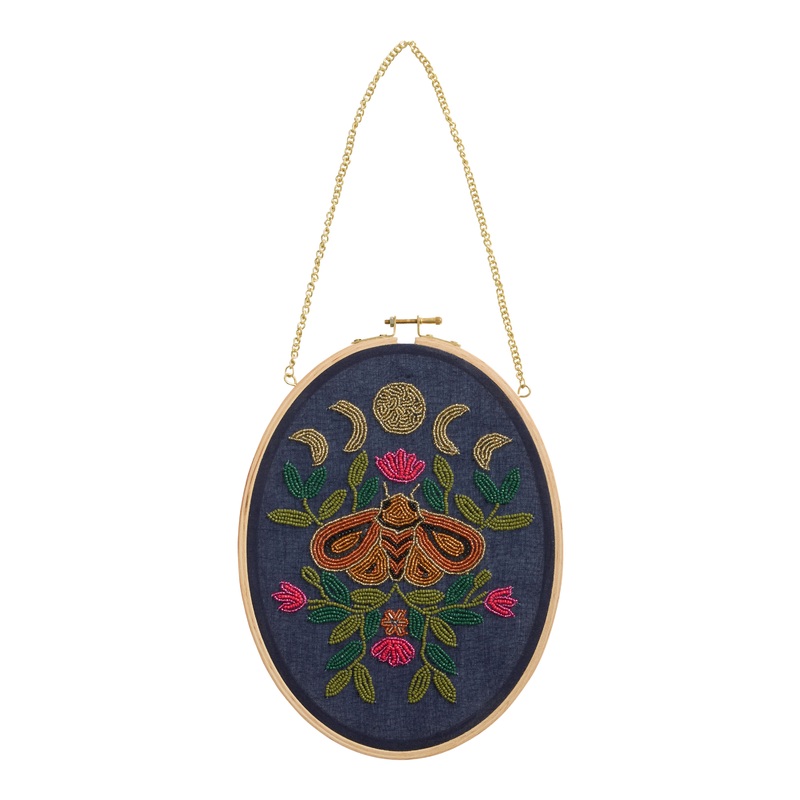 Oval Celestial Moth Beaded Embroidery Hoop Wall Decor