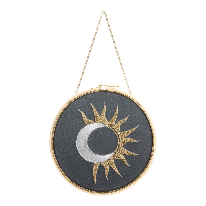 Round Black Cotton Metallic Beaded Celestial Wall Decor