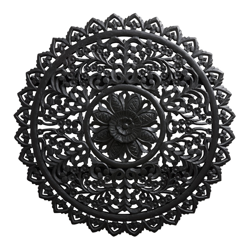 Round Black Wood Carved Floral Medallion Wall Decor