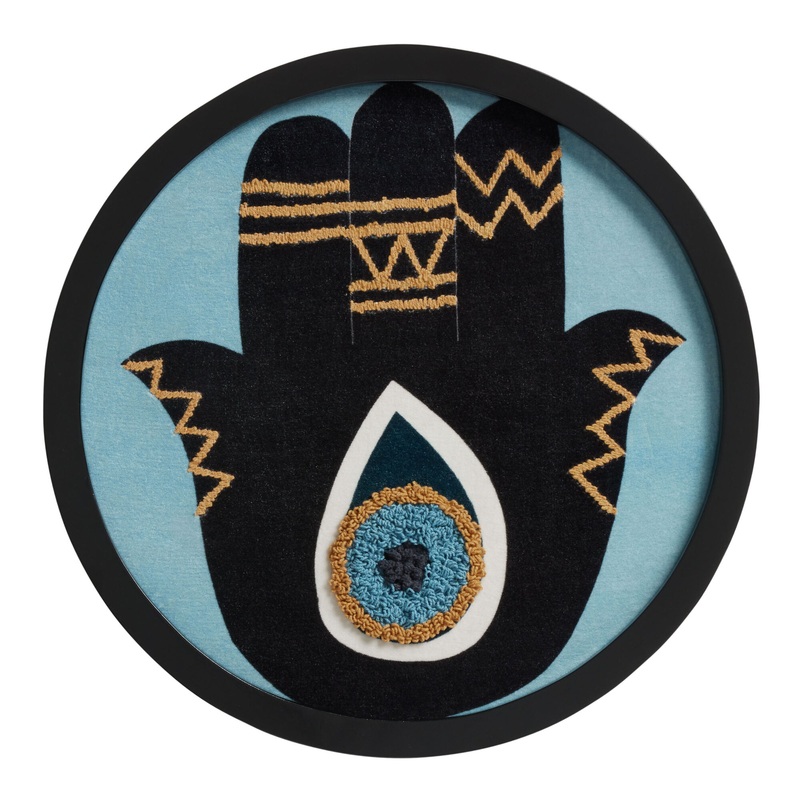 Round Embroidered Evil Eye Hamsa Textile Framed Wall Art