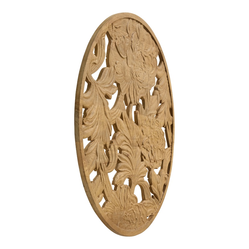 Round Natural Carved Mango Wood Hydrangea Wall Decor