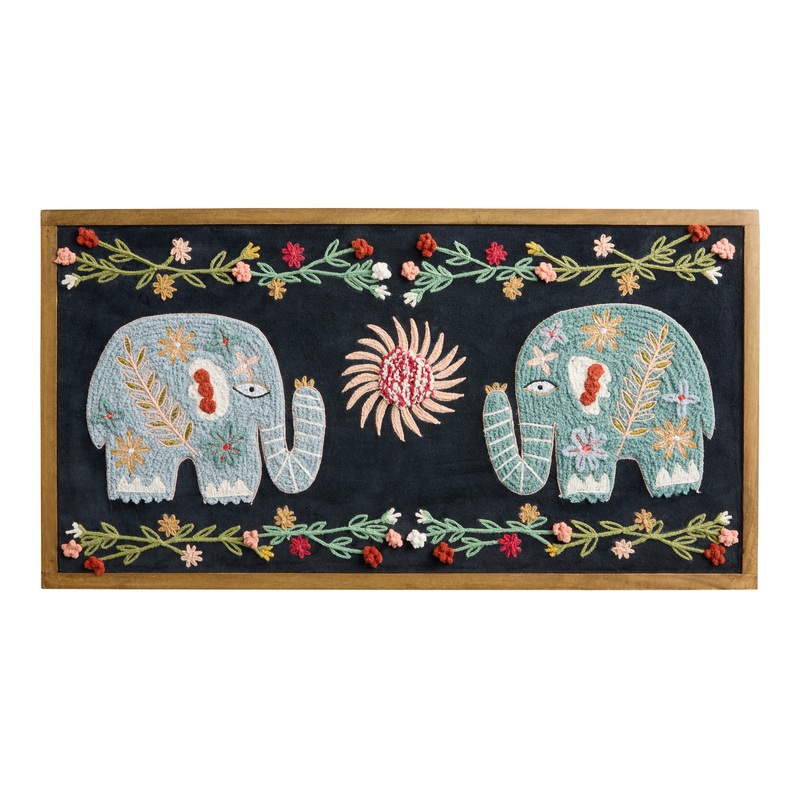 Two Blue Elephants Floral Embroidered Wall Art