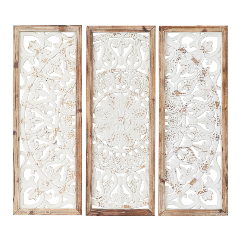 White Wood Floral Panel Farmhouse Wall Decor 3 Piece