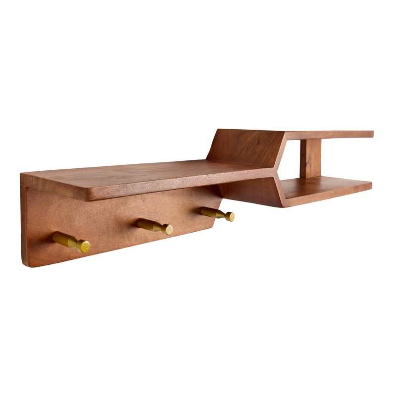 Acacia Wood Mid Century Floating Wall Shelf with Hooks