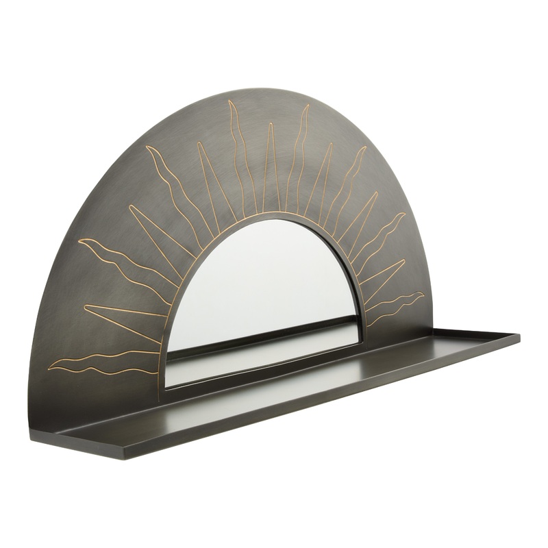Black and Gold Iron Etched Sun Mirror with Shelf