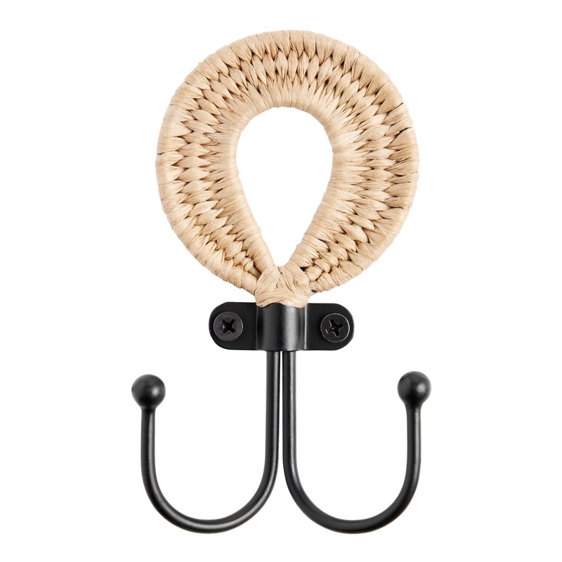Black Metal And Raffia Double Wall Hook