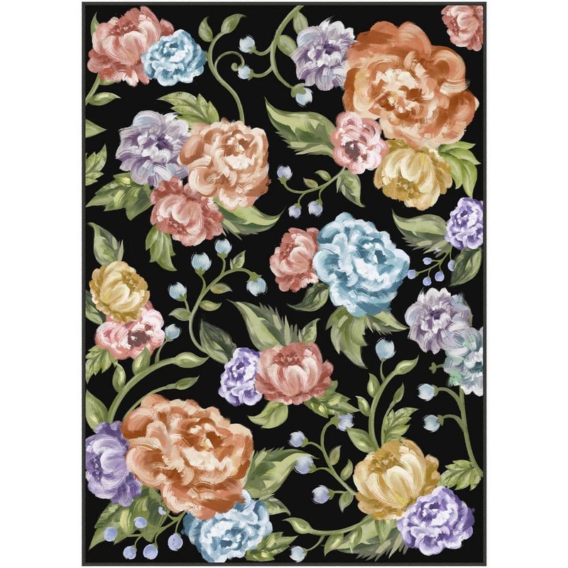 HaiiMeid Summer Flowers Black 8 ft. x 10 ft. Floral Washable Area Rug X24IU0077H-181