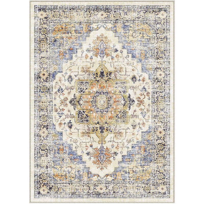 HaiiMeid Tabriz Blue/Orange 8 ft. x 10 ft. Vintage Washable Medallion Distressed Area Rug X24IU0080H-181