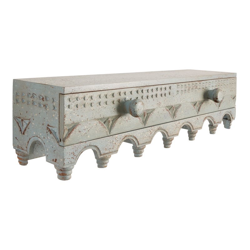 Hand Carved Blue Wood Floating Wall Shelf